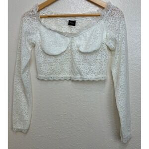 Blanc Clothing White Lace Cropped Long Sleeve Scoop Neck‎ Top Boho Babydoll M